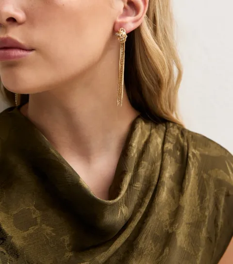 New Look Gold Tone Diamante Knot Tassle Drop Earrings