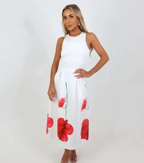 Women's Cream Floral Print Racer Neck Midi Dress