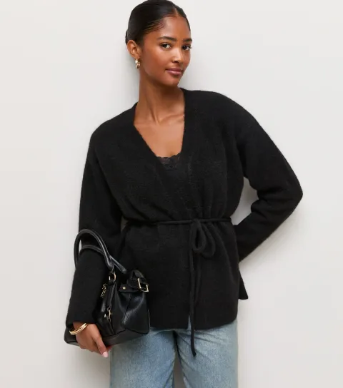 Women's Black Knit Wrap Belt Cardigan