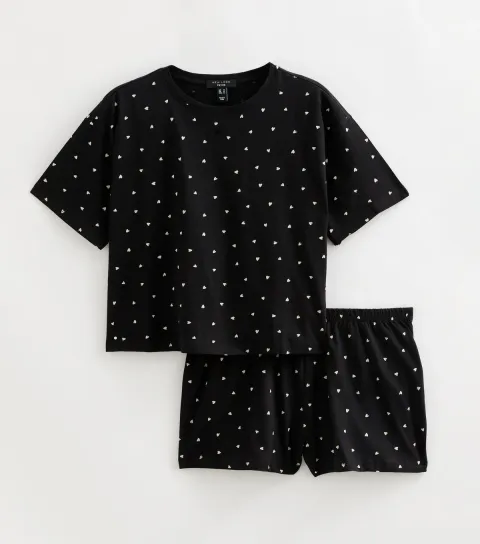 New Look Women's Petite Black Cotton Heart Print T-Shirt and Shorts Pyjama Set