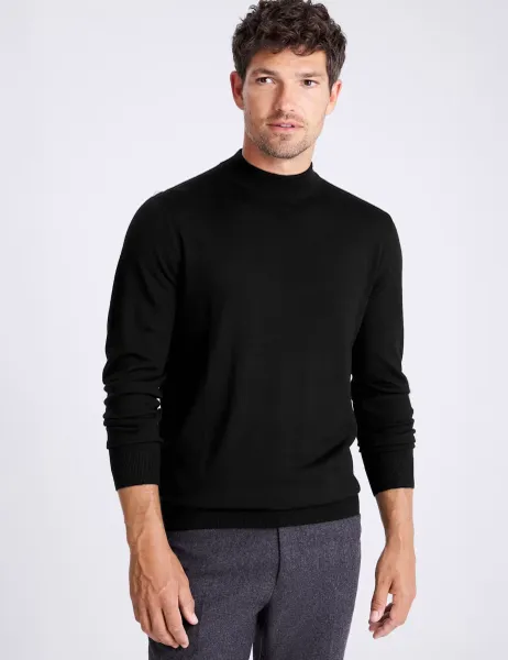 Moss Merino Wool Rich Roll Neck Jumper Black