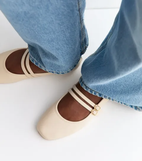 Women's Off White Faux Leather Double Strap Mary Jane Ballet Flats Vegan