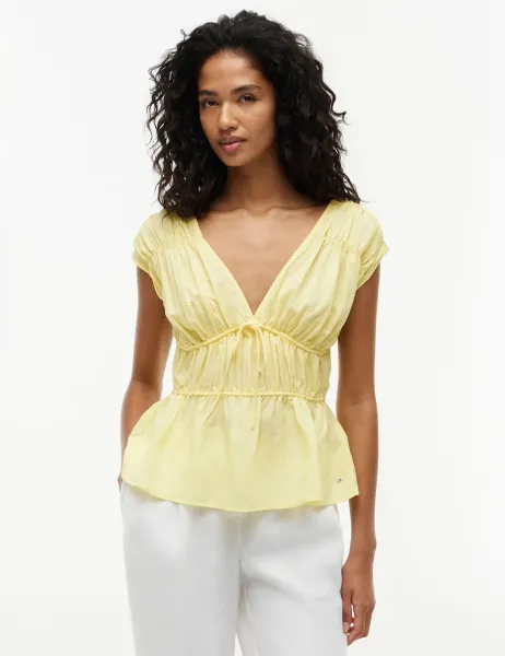 Tommy Hilfiger V-Neck Tie Detail Top with Linen Yellow