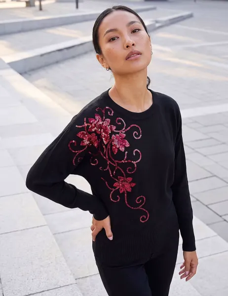 Roman Rayon Rich Sequin Floral Batwing Sleeve Jumper Black Mix