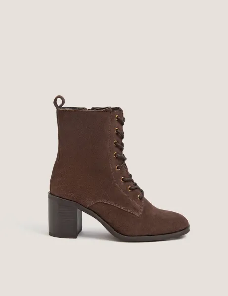 Monsoon Suede Lace Up Block Heel Ankle Boots Chocolate