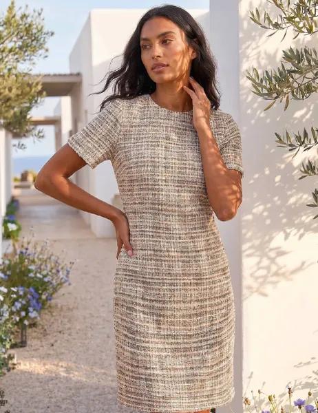 Roman Textured Stretch Knee Length Shift Dress Tan