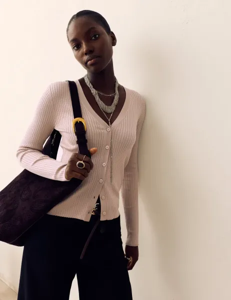 Per Una Shimmer Ribbed V-Neck Cardigan Oyster