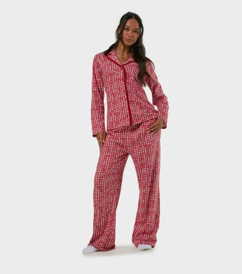 Skinnydip Women's Red Gingham Bow Print Shirt and Trousers Pyjama Set With Scrunchie
