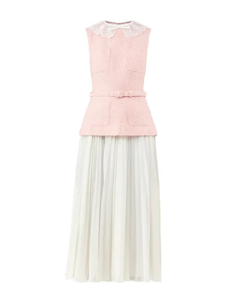 Self-Portrait Pink Boucle Lace Collar Midi Dress