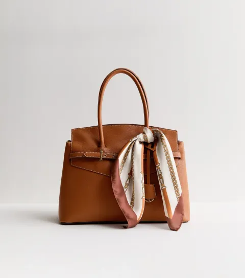 Brown Faux Leather Belted Scarf Trim Tote bag Vegan