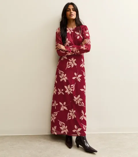 Women's Red Floral Long Sleeve Maxi Dress