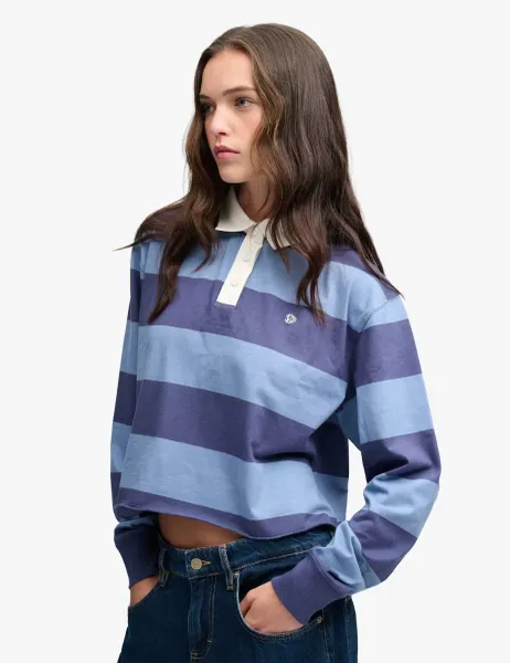 Superdry & Co Pure Cotton Oversized Cropped Rugby Top Blue Mix