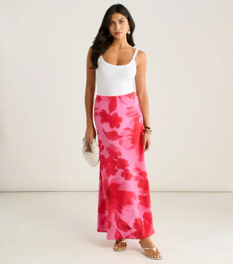 Women's Bright Pink Floral Print Maxi Skirt