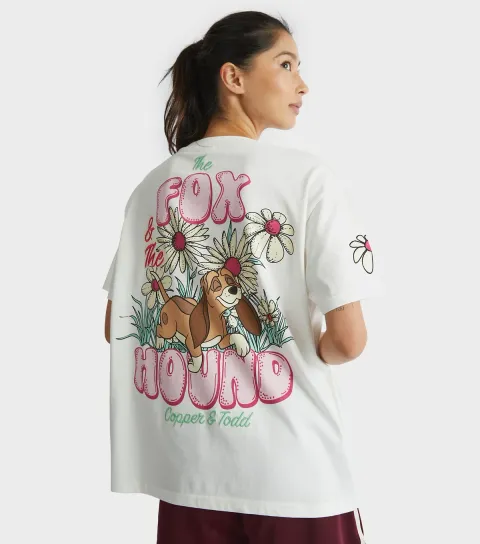Women's White Disney Fox And Hound Flower Print T-Shirt