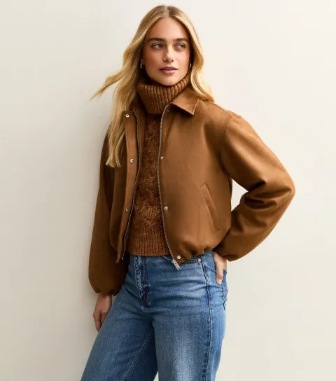New Look Women's Tan Faux Suede Bubble Hem Jacket