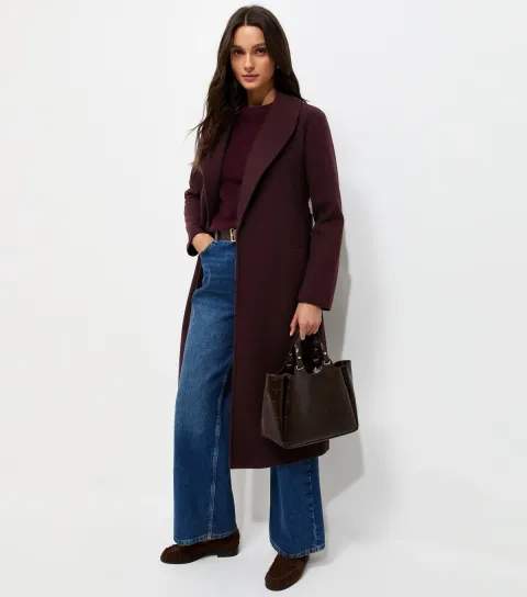 Women's Dark Burgundy Shawl Collar Belted Wrap Coat