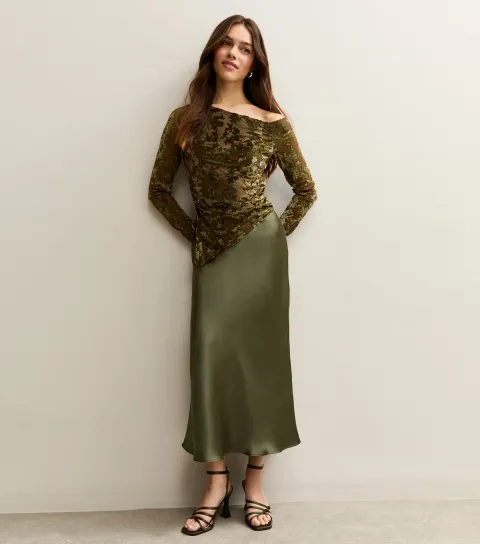 New Look Women's Petite Light Khaki Satin Bias Cut Midi Skirt