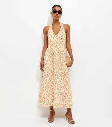 Women's Yellow Floral Print Halter Neck Midi Dress