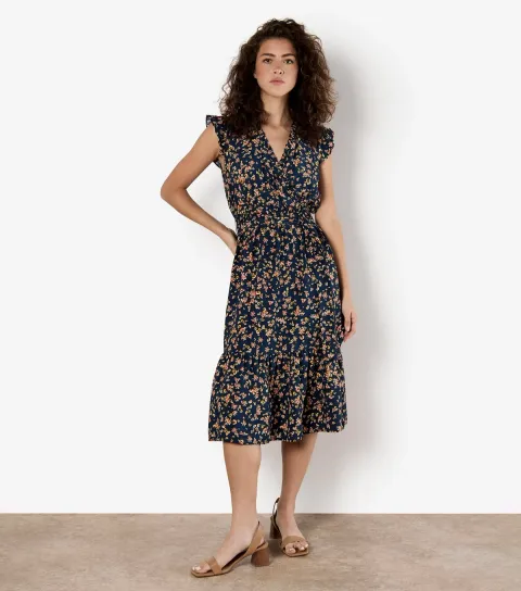 Women's Navy Flora Print Wrap Dress