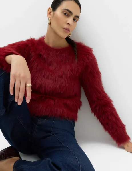 Marks & Spencer Textured Crew Neck Slim Fit Cropped Jumper Dark Red