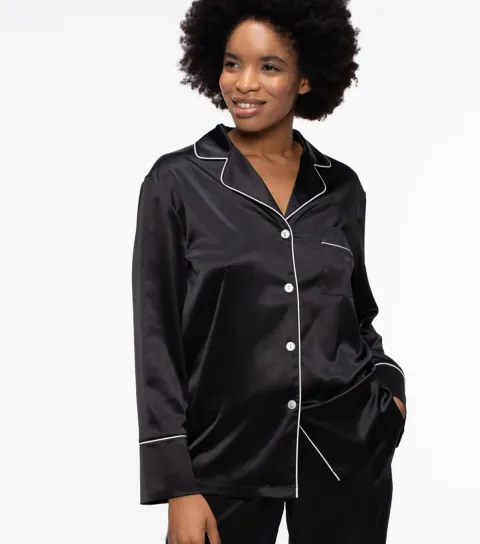 Women's Black Satin Piped Pyjama Shirt
