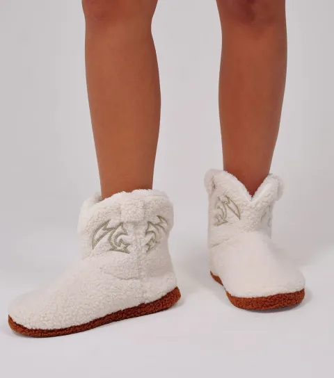 Loungeable Women's Cream Cowboy Boot Borg Slippers