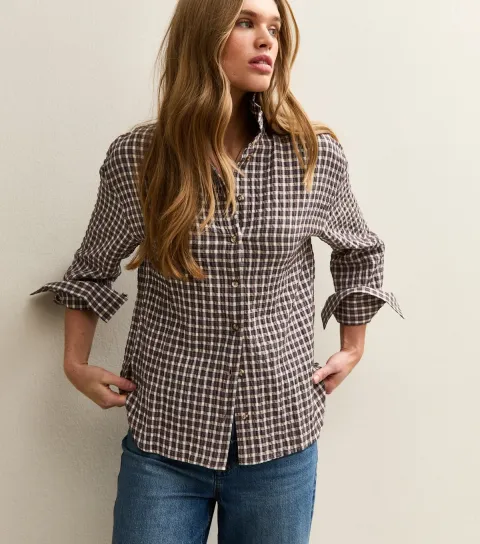 Women's Brown Textured Checked Oversized Shirt
