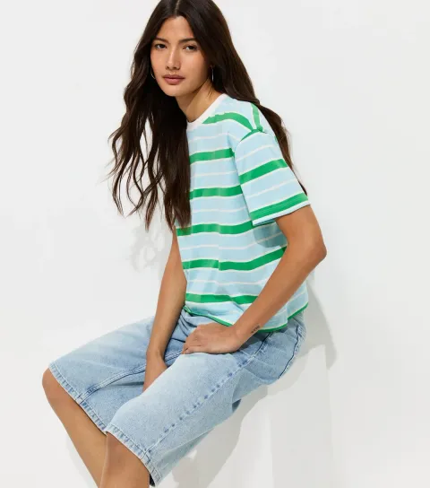 Women's Blue Cotton Striped Boxy T-Shirt