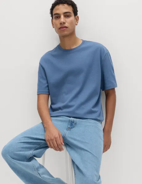 Marks & Spencer Relaxed Fit Cotton Rich Ultimate Performance Striped T-Shirt Blue Mix