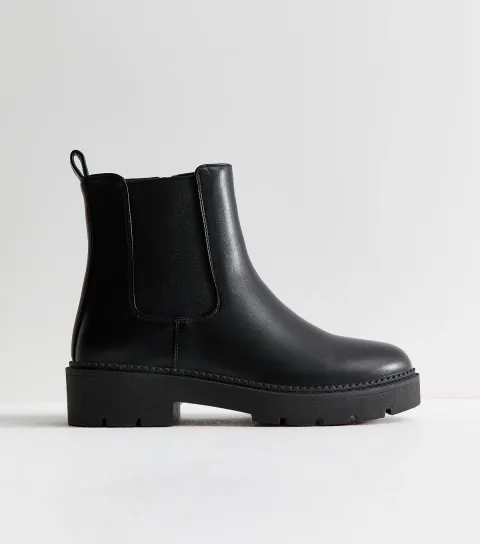 Women's Black Faux Leather Chunky Sole Chelsea Boots Vegan