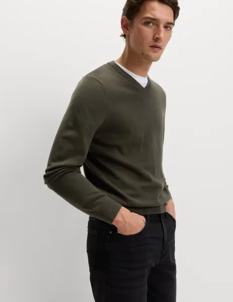 Marks & Spencer Pure Cotton V-Neck Jumper Dark Khaki