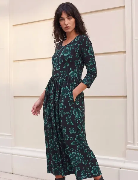 Roman Floral Gathered Waist Midi Dress Dark Green