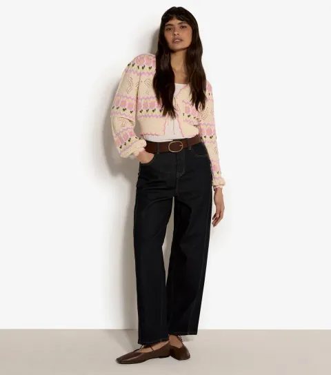 Women's Stone Pointelle Knit Floral Pattern Cardigan