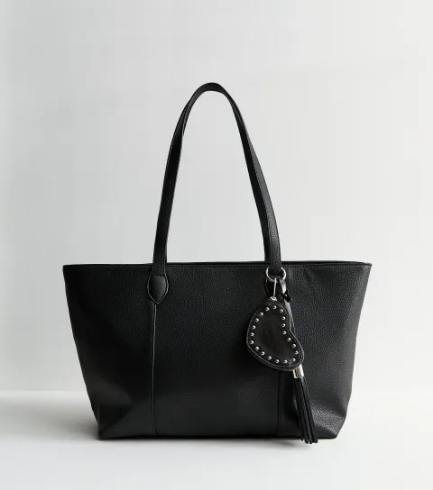 Black Leather Look Charm Tote Bag Vegan