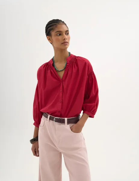 HUSH Pure Cotton V-Neck Gathered Sleeve Blouse Red