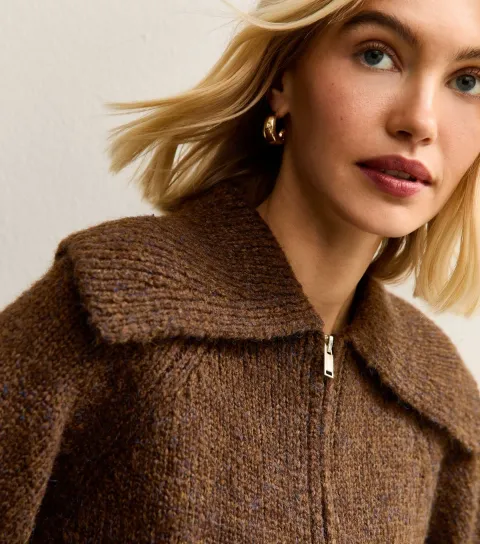 Women's Dark Brown Oversized Collar Zip Through Cardigan