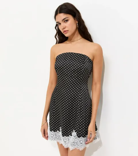Women's Black Polka Dot Satin Lace Trim Mini Dress