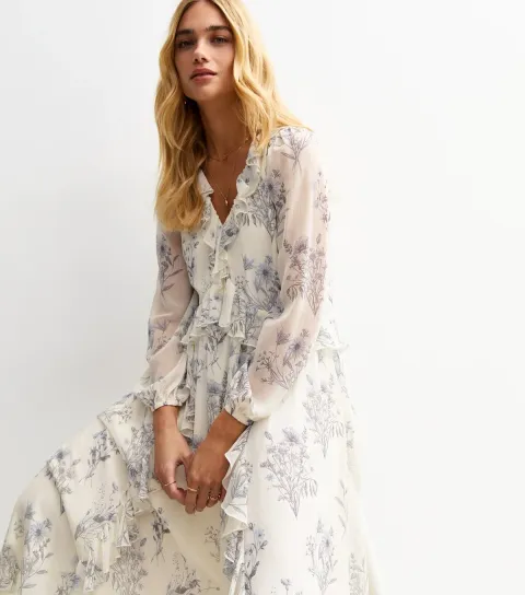Women's White Floral Print Ruffle Trimmed Chiffon Midi Dress