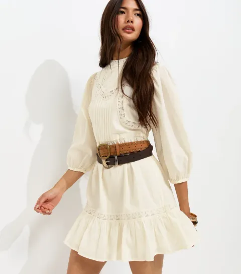 Women's Cream Lace Tiered Mini Dress