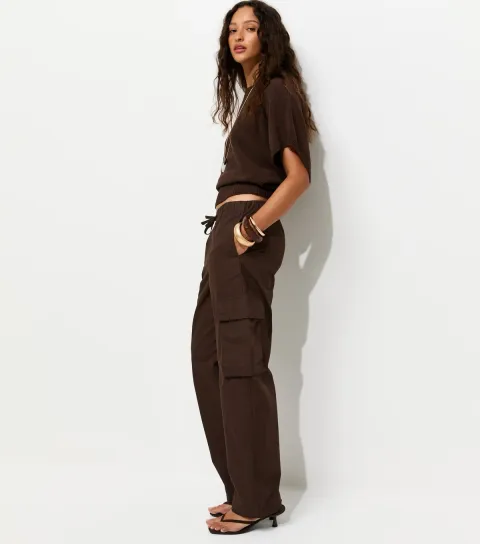 Women's Dark Brown Barrel Leg Utility Cargo Trousers
