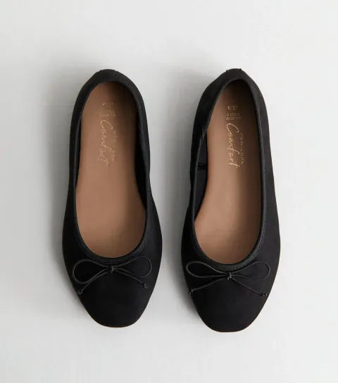Women's Extra Wide Fit Black Faux Suede Ballet Pumps Vegan