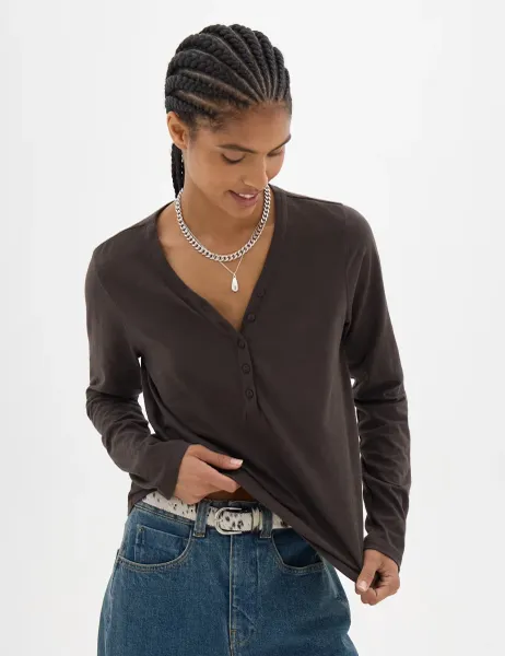 HUSH Pure Cotton V Neck Regular Fit Henley T-Shirt Dark Brown