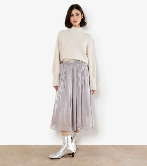 Women's Silver Shimmery Diamante Studded Midi Skirt