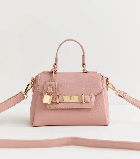 Light Pink Mini Faux Leather Turn Lock Crossbody Bag