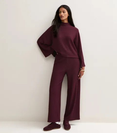 New Look Women's Petite Dark Burgundy Soft Touch Ribbed Wide Leg Trousers