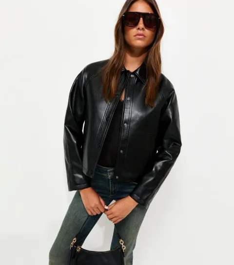 Women's Black Faux Leather Collared Jacket