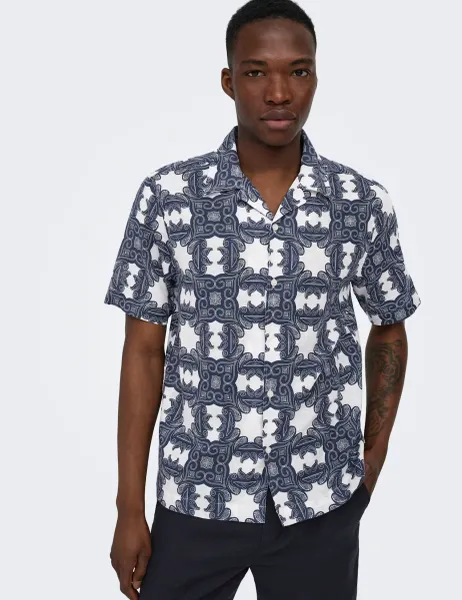 Only & Sons Regular Fit Cotton Linen Blend Printed Shirt Navy Mix