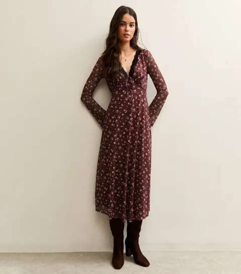 Women's Brown Ditsy Print Long Sleeve Lace Mesh Midi Dress