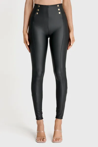 Freddy WRUP Faux Leather with Button Detail - Super High Waisted - Full Length - Black