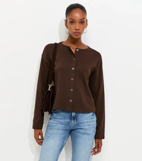 New Look Women's Dark Brown Button Through Long Sleeve T-Shirt